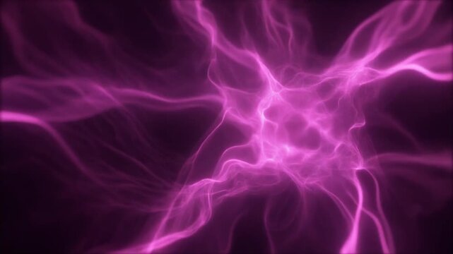 Extreme macro glowing magenta energy veil unfurls through darkness with layered luminous filaments and luxury particles, creating a dramatic futuristic cinematic background with generous copy space.