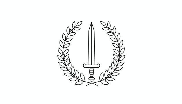 Roman gladius sword outline drawing is neatly centered inside a traditional leafy laurel wreath.