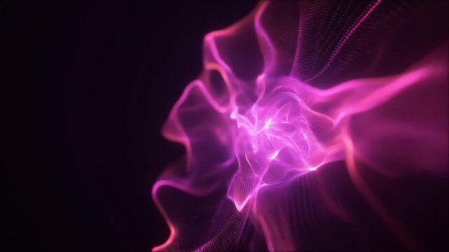 Extreme macro glowing magenta energy veil unfurls through darkness with layered luminous filaments and luxury particles, creating a dramatic futuristic cinematic background with generous copy space.
