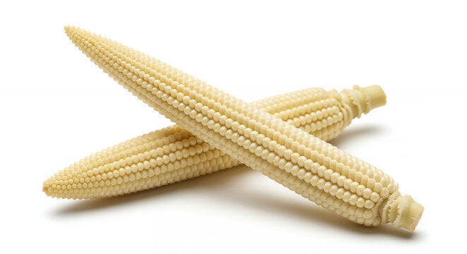 Two fresh baby corn cobs arranged in a crisscross pattern, isolated against a solid white background