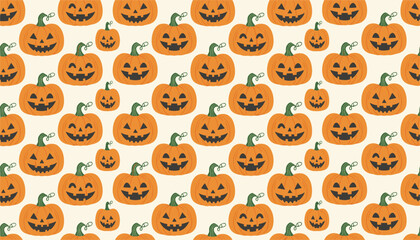 Fototapeta premium Seamless Halloween pattern featuring spooky orange jack-o'-lantern pumpkins with green stems on a light cream background.