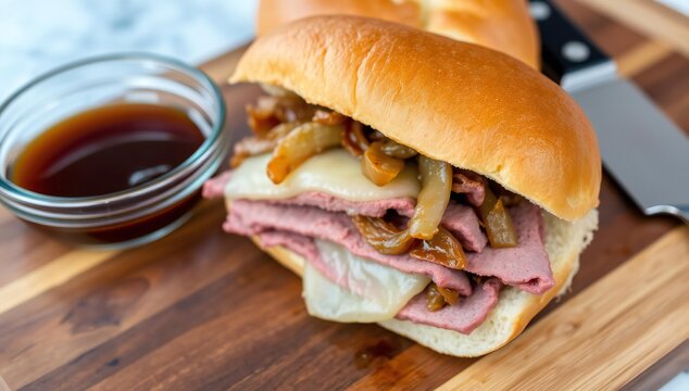 A gourmet roast beef french dip sandwich served with a side of savory au jus on a wooden board