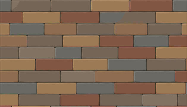 Seamless cartoon brick wall texture with various brown, grey, and ochre bricks, perfect for video game backgrounds.