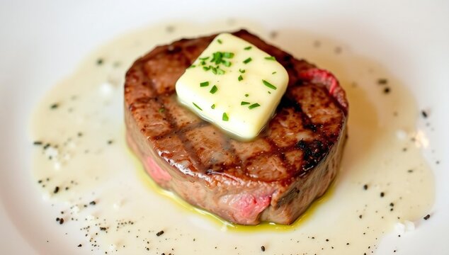 A perfectly grilled beef filet mignon steak topped with a melting pat of herb butter and sauce