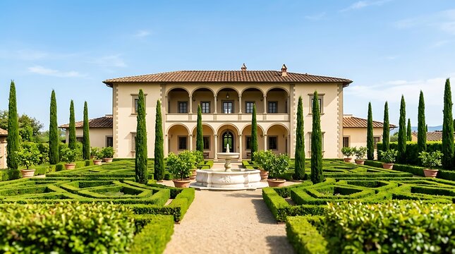 Italian Villa with Formal Parterre Garden and Fountain