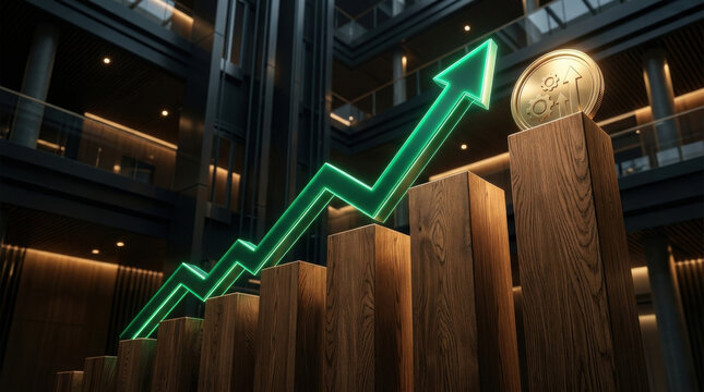 Rising green arrow over wooden bar chart with gold coin in office atrium