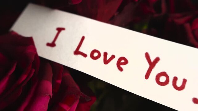 Close up of a handwritten I Love You. message on a white note placed on top of a beautiful bouquet of red roses. A perfect gift concept for Valentine's Day, anniversaries, or proposals