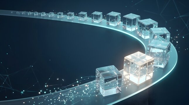 3D render of glass cubes on a glowing curved path in dark space, representing blockchain data, information flow, and futuristic technology infrastructure.