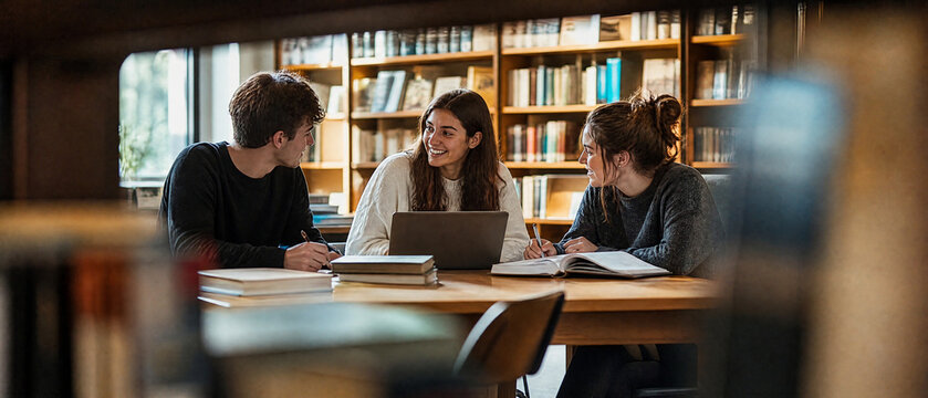 College student study group collaborating around laptop and books in warm library, sharing ideas with focused expressions and teamwork during academic learning session