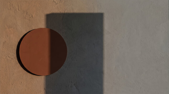 Overlapping circle and rectangle shadow on terracotta plaster wall