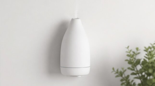 A white aroma diffuser emitting a gentle mist in a serene indoor setting with a plant.