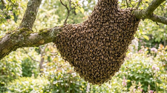 Natural Honey Bee Swarm Clustered on Tree Branch