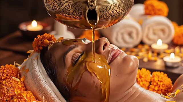 Woman receiving traditional Ayurvedic Shirodhara oil massage therapy