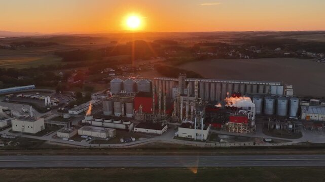 Aerial view of methanol and ethanol factory plant in corn field. Bioagra Goswinowice Ethanol Production Plant located near Nysa in Poland. Factory of bioethanol and ethanol produced from corn grain