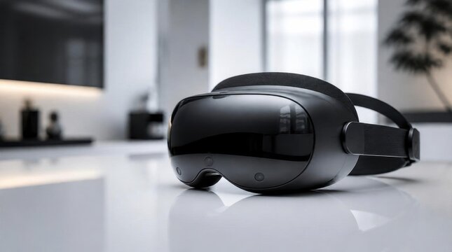 Black virtual reality headset on a reflective surface in a modern interior.