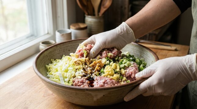 Person wearing gloves mixing minced meat and chopped vegetables in bowl