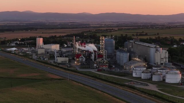 Aerial view of methanol and ethanol factory plant in corn field. Bioagra Goswinowice Ethanol Production Plant located near Nysa in Poland. Factory of bioethanol and ethanol produced from corn grain