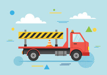 Naklejka premium Red Flatbed Truck Carrying Traffic Barrier and Cone on a Clear Blue Sky Background With Abstract