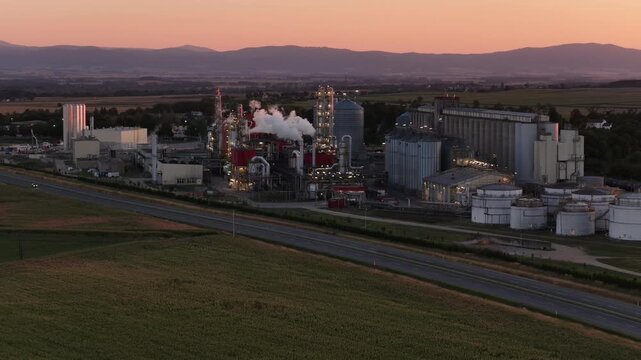Aerial view of methanol and ethanol factory plant in corn field. Bioagra Goswinowice Ethanol Production Plant located near Nysa in Poland. Factory of bioethanol and ethanol produced from corn grain