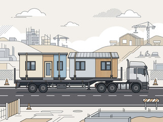 Fototapeta premium Modular Home Delivery Truck Transporting Tiny Houses To Construction Site Scene