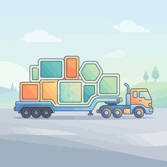Fototapeta premium Modern Truck Transporting Colorful Geometric Cargo On A Scenic Route