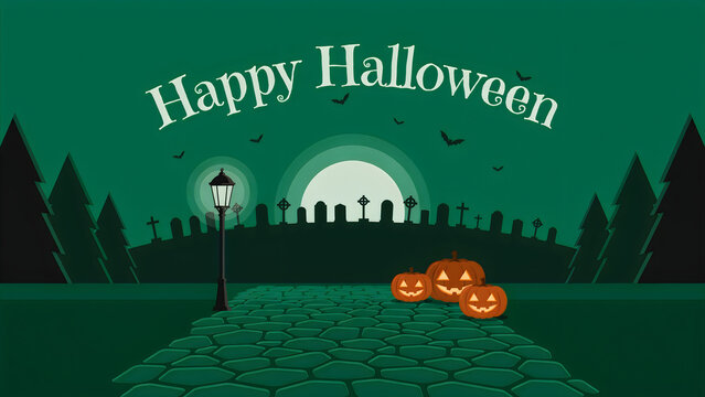 Happy halloween greeting card with pumpkins in a spooky graveyard at night with a full moon