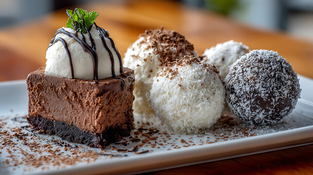 Elegant trio of chocolate mousse, cake, and truffle served together, perfect for sampler plates and gourmet tasting menus.