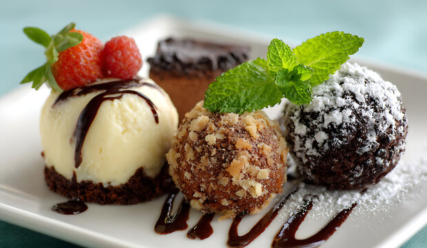 Elegant trio of chocolate mousse, cake, and truffle served together, perfect for sampler plates and gourmet tasting menus.