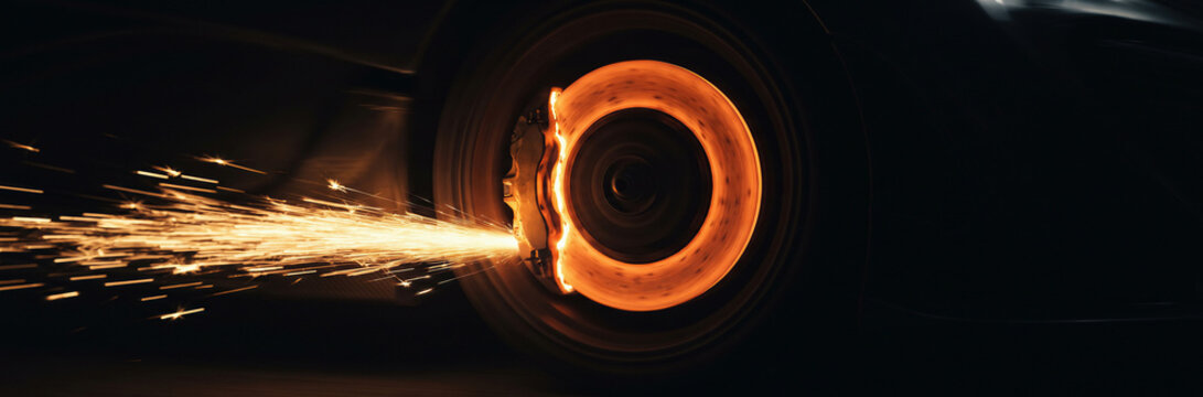Car wheel emitting bright sparks from glowing red brake disc, high speed automotive performance concept
