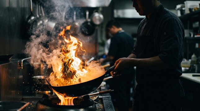 Chef flamb ing noodles in a wok within a commercial kitchen setting