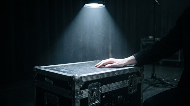 Hand rests on black road case illuminated by spotlight in dark studio