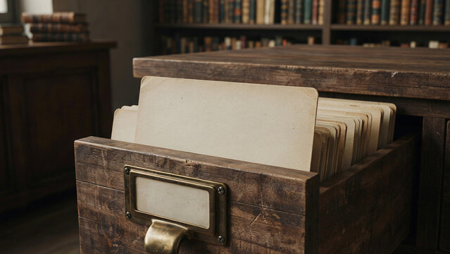 Old wooden card catalog drawer filled with blank paper index cards inside a dark library room