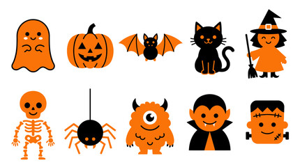 Fototapeta premium Set of cute halloween icons and spooky characters in orange and black