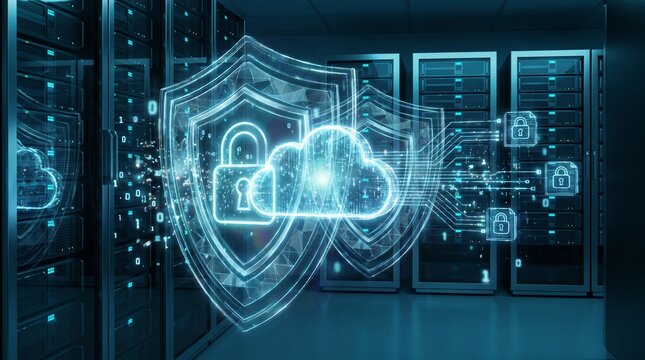 Glowing cloud protected by multiple digital shields and padlocks inside a server environment, symbolizing encrypted data, secure cloud storage, and cybersecurity.