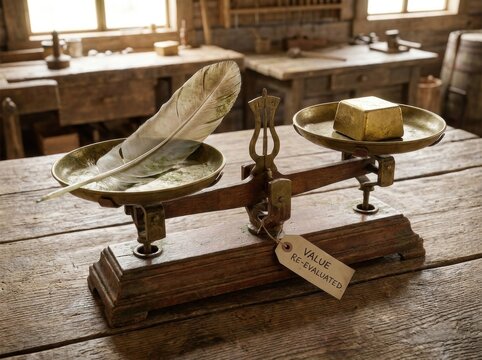 Rustic scale on wooden workshop desk weighing feather against gold bar