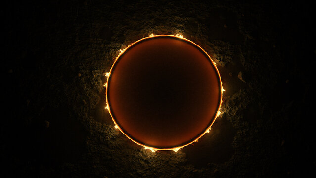 Glowing circular fire ring floating above dark rough lunar surface creating dramatic orange light effects