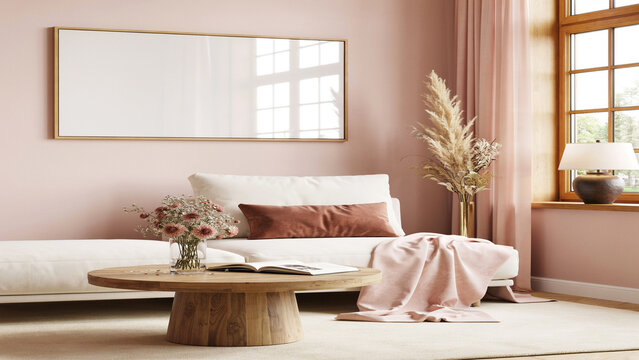 Modern living room interior featuring white sofa wooden coffee table and blank horizontal wall picture frame