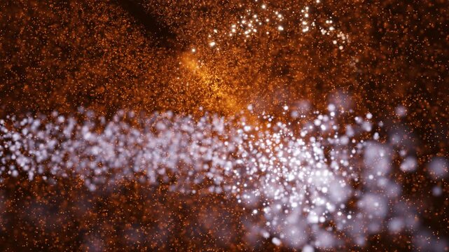A serene, ethereal environment illuminated by warm golden light; a long horizontal band of shimmering white particles moving gently in a warm brown background
