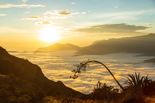 Photograph of the Andean sunset with a vast sea of ​​clouds covering the valleys and surrounding mountains from Cerro Llipta in Llama, a district of Chota, in Cajamarca, Peru