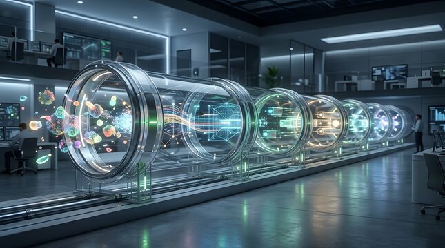 Futuristic research laboratory featuring a large transparent glass cylinder with glowing multicolored molecular particles and data visualizations in a high-tech corporate facility.