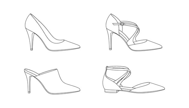 Different styles of elegant women shoes line art set including classic pumps sandals mules and flats illustration