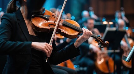 Fototapeta premium Professional female violinist playing classical music instrument with bow in symphony orchestra concert hall with blurred musicians performing in the background during live show