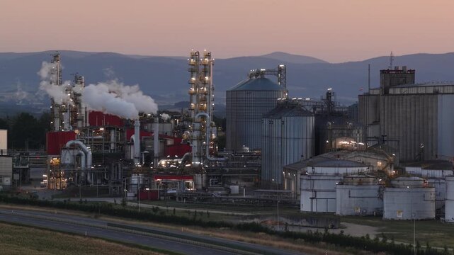 Aerial view of methanol and ethanol factory plant in corn field. Bioagra Goswinowice Ethanol Production Plant located near Nysa in Poland. Factory of bioethanol and ethanol produced from corn grain