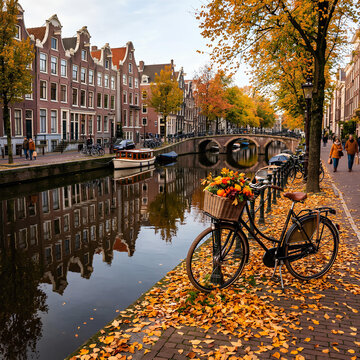 Amsterdam canal in autumn with bicycle and fall foliage