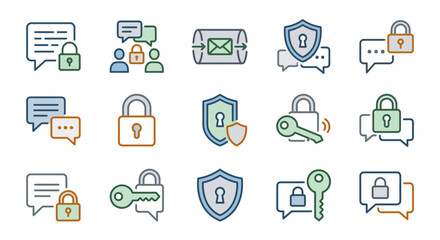 Fototapeta premium Minimalist Icons Set Featuring Secure Communication Encryption and Data Protection Concepts in Blue Green and Orange