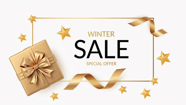 Golden winter sale promotional banner featuring elegant gift box with shiny ribbons and floating festive stars