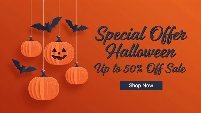Hanging paper pumpkins and black bats create a festive halloween sale graphic with bold orange background