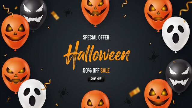Halloween party banner featuring festive spooky balloons with glowing pumpkin faces and confetti on dark background