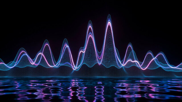 Glowing digital sound waves rendered in vibrant neon blue and purple light against dark void background