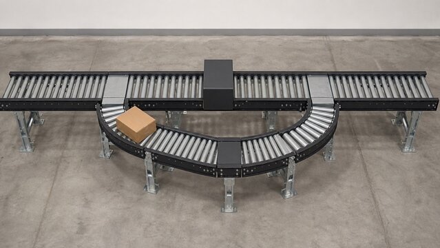 Roller conveyor rerouted in a curve around a blocked center section